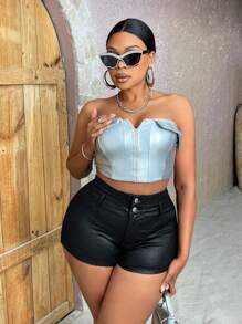 SHEIN SXY Plus Size Màu Trơn Quần Short Màu Đen Cạp Cao Gợi Cảm Cho Lễ Hội Âm Nhạc Đồng Quê Mùa Xuân/Thu - màu đen - Xem 6