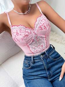 Allurite Của phụ nữ Đúng mốt Màu hồng Ren Dây đeo Mì Ý  Áo liền quần chặt - Hồng - Xem 5