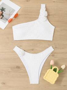 SHEIN Swim Ladies' One Shoulder Bikini Set With 3d Flower Decor, Beach Outfit Bathing Suit Summer - White - View 1