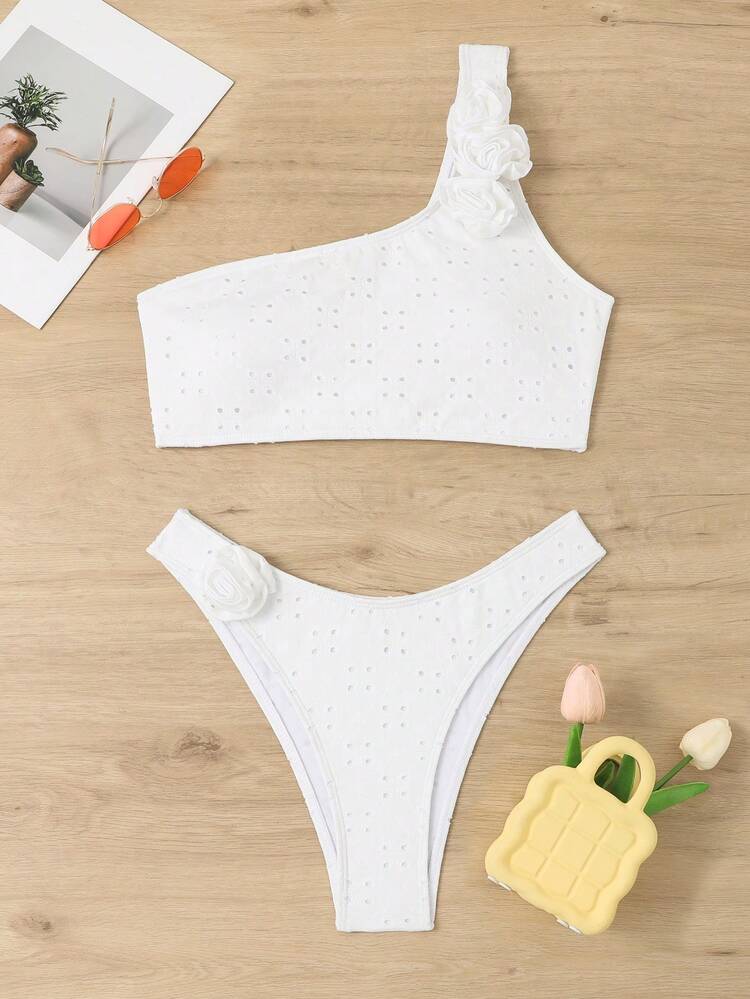 Ladies' One Shoulder Bikini Set With 3d Flower Decor, Beach Outfit Bathing Suit Summer