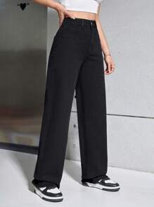 SHEIN Frenchy Ladies' Solid Color Denim Trousers With Pockets
