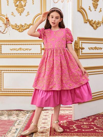 SHEIN Leap Crew 少女可愛的刺繡拼接泡泡袖連衣裙,圓領設計