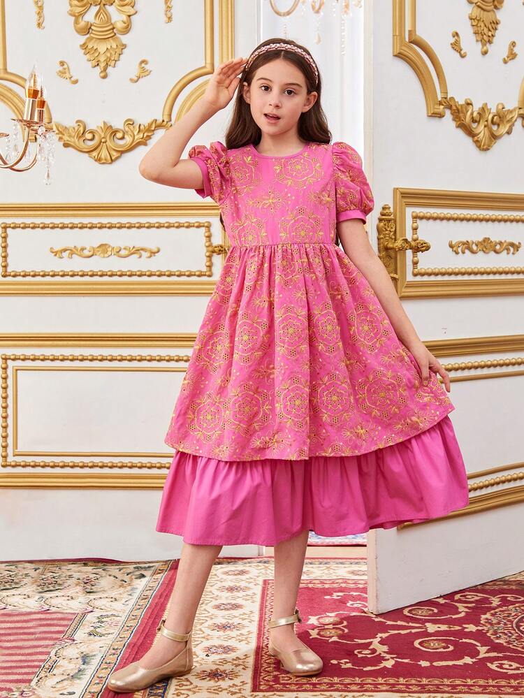 Tween Girls' Adorable Embroidery Patchwork Hem Bubble Sleeved Dress With Round Neckline