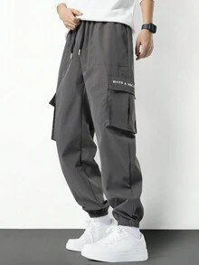 Manfinity Hypemode Men's Slogan Printed Drawstring Waist Cargo Pants - Dark Grey - View 3