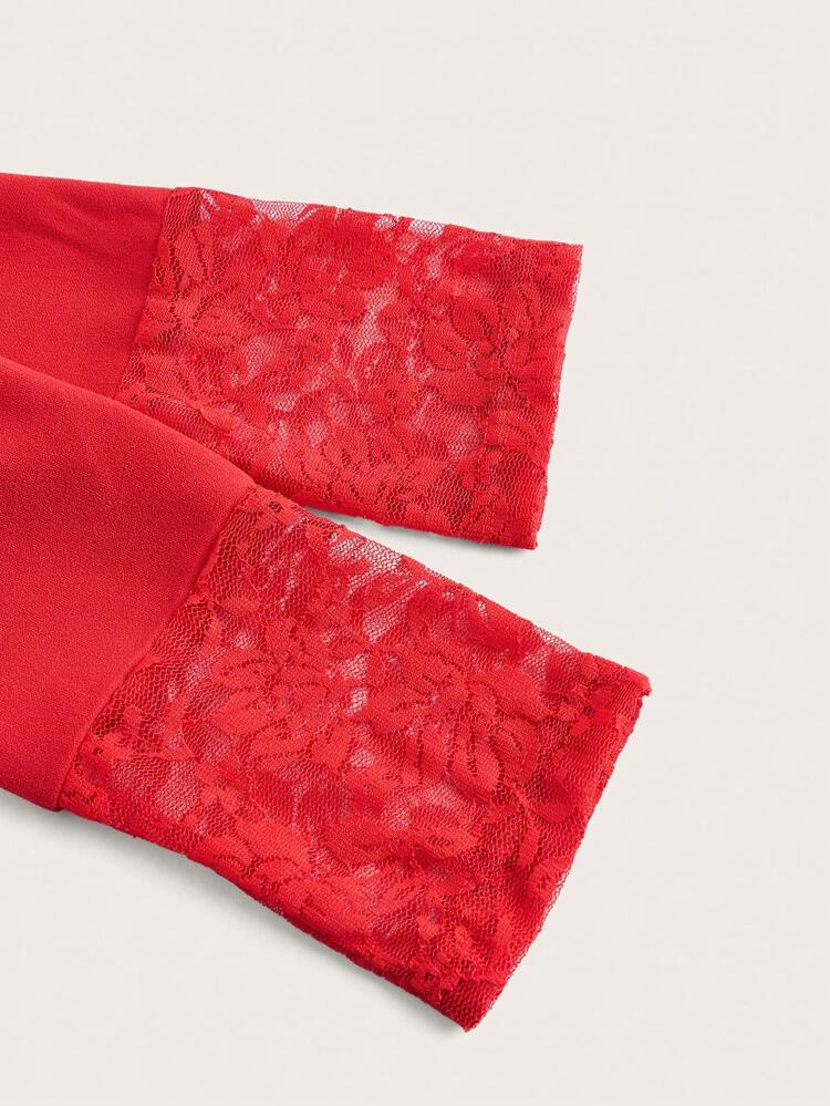 Patchwork Lace Tight Sexy Red Mid-Length Dress