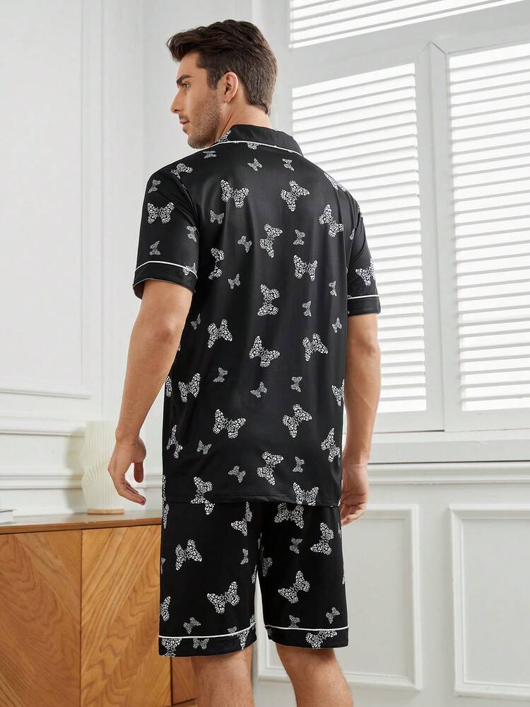 Men's Butterfly Printed Color Block Piping Trim Homewear Set