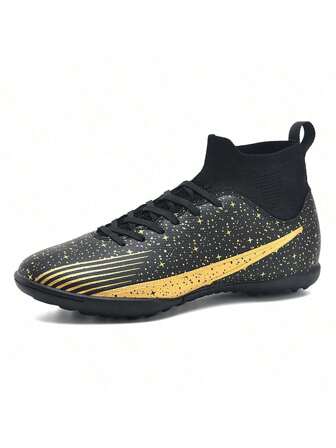 黑色鐵釘彈簧足球鞋(青少年),金星設計,高筒,鞋帶式,適用於戶外比賽及訓練