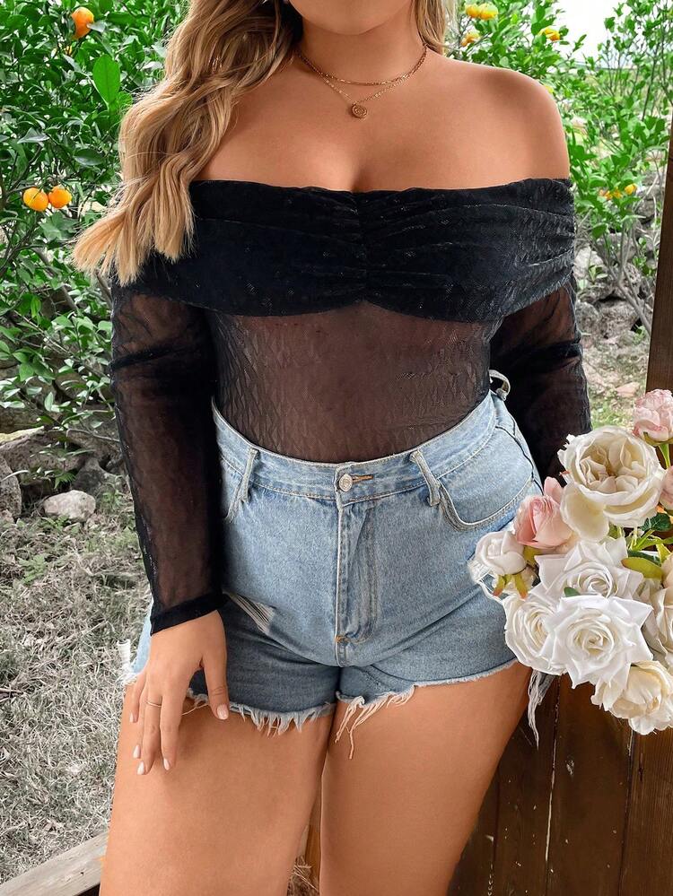 Plus Size Pleated Bust Off Shoulder Top Fall Cloth For Women