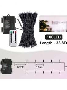 1串户外LED灯串，33英尺/100颗LED灯珠，电池供电，带遥控器，8种模式，6小时亮/18小时灭，防水，适用于圣诞树、花园、派对、节日、家居装饰、生日礼物（多色）