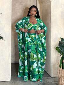 Slaydiva Plus Size Ladies' Loose Fit Beach Vacation Three-Piece Set With Tropical Plant Print, For Summer - Green - View 1