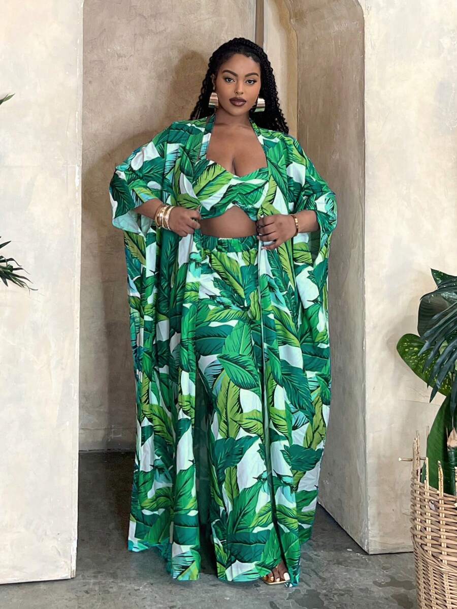 Slaydiva Plus Size Ladies' Loose Fit Beach Vacation Three-Piece Set With Tropical Plant Print, For Summer - Green - View 1