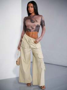 SHEIN BAE Solid Color Apricot Elastic Waist Cargo Style Wide Leg Pants With 3D Pockets, Low Waist, Perfect As Summer Bottoms, Summer Pants Fashion