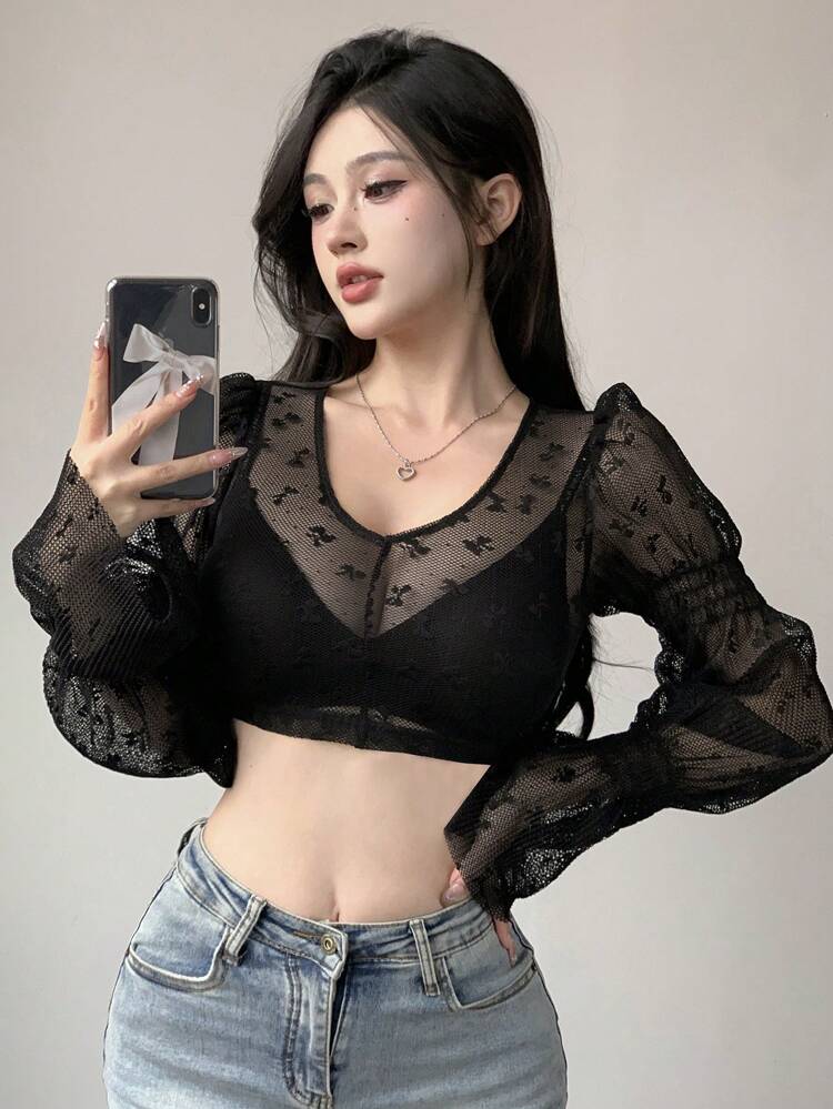 Women's Short Crop Top With Mesh & Bowknot Decoration And Flare Sleeves,Ruffle Sheer Long Sleeve Women Tops Going Out Tops Women