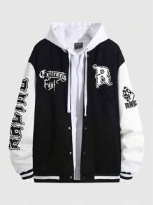 ROMWE MEN Prep Men Letter Graphic Two Tone Varsity Jacket Without Hoodie - Black and White - View 1