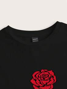 Slaydiva Casual Rose Pattern Round Neck Short Sleeve Cropped Slim-Fit Women's T-Shirt, Cotton Blend, Summer Suitable For Going Out