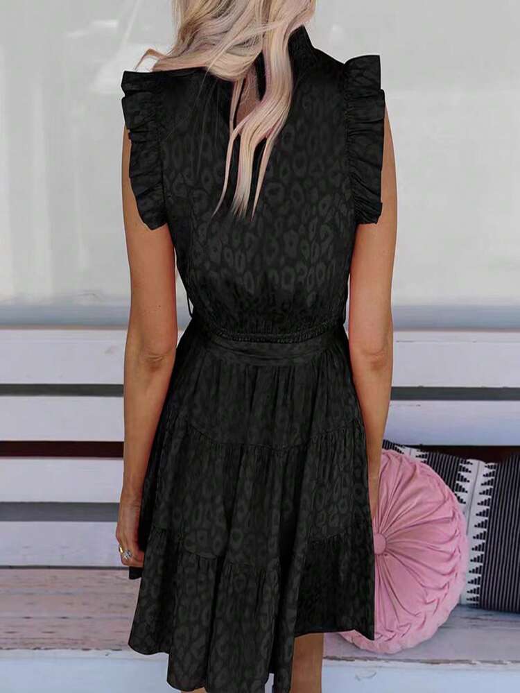 Women's Leopard Print Satin Frill Hem Flutter Sleeve Dress