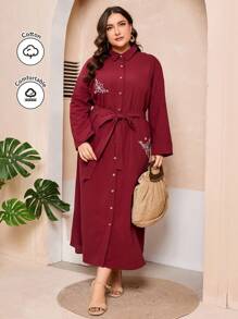 Mulvari Váy sơ mi dài tay màu đỏ tía cỡ lớn cho nữ - Màu Đỏ Sâu - Xem 4