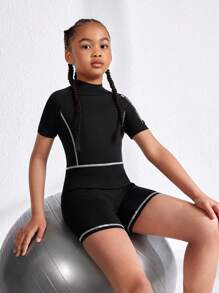 SHEIN Tween Girl Simple Black Short Sleeve Stand Collar Jumpsuit For Sports - Black - View 1