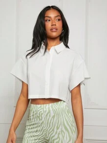 SHEIN EZwear Women's Solid Color Drop Shoulder Cropped Shirt - White - View 3