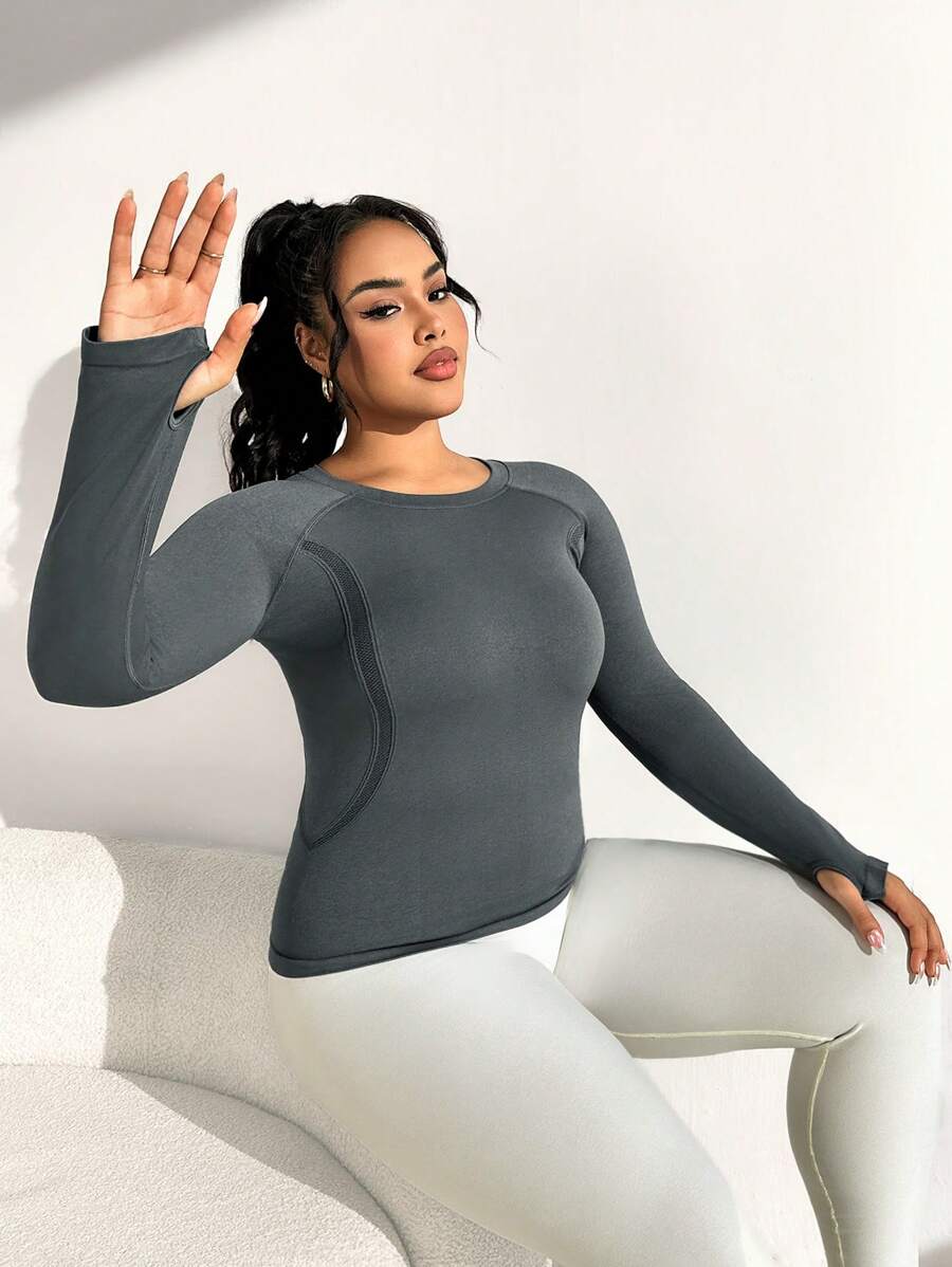 Gameset SHEIN Sport Plus Size, High Stretch, Round Neck, Dolman Sleeve, Thumb Hole Women's Sports T-Shirt