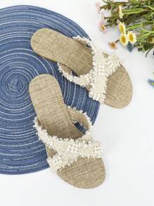 女款圓頭十字綁帶流蘇珍珠扣平底涼鞋,簡約舒適設計拖鞋 - 杏色 - 查看 4