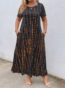 EMERY ROSE Plus Size Women's Loose Short Sleeve Dress With Round Neckline And Pockets, All-Over Print - Multicolor - View 1