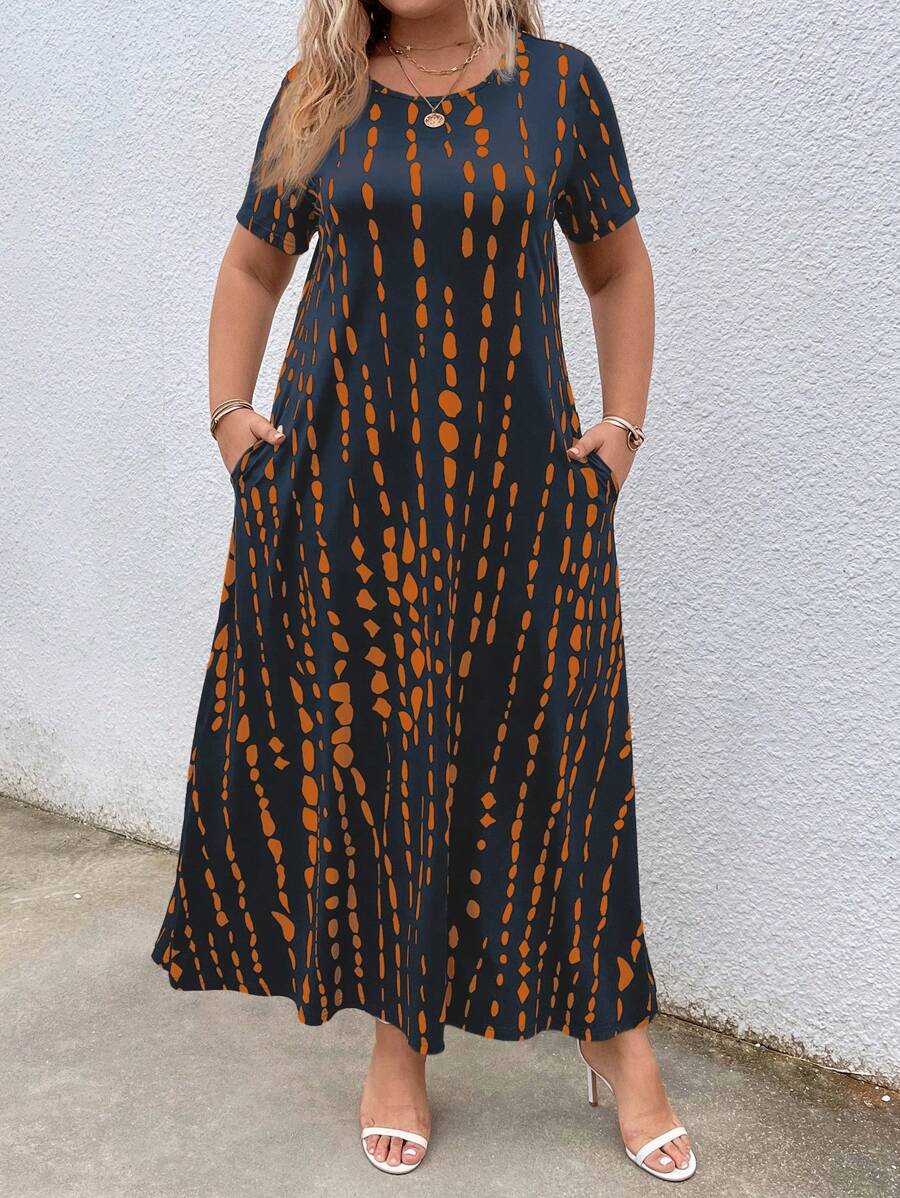 EMERY ROSE Plus Size Women's Loose Short Sleeve Dress With Round Neckline And Pockets, All-Over Print - Multicolor - View 1