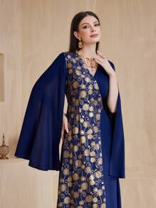 Al Najma Ladies' Arabic Style Dress With Split Sleeves And Golden Printed Design