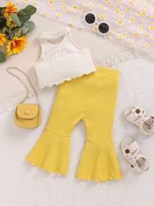 2件套少女纯色针织圆领吊带背心和喇叭长裤套装 - 黃色 - 查看 5