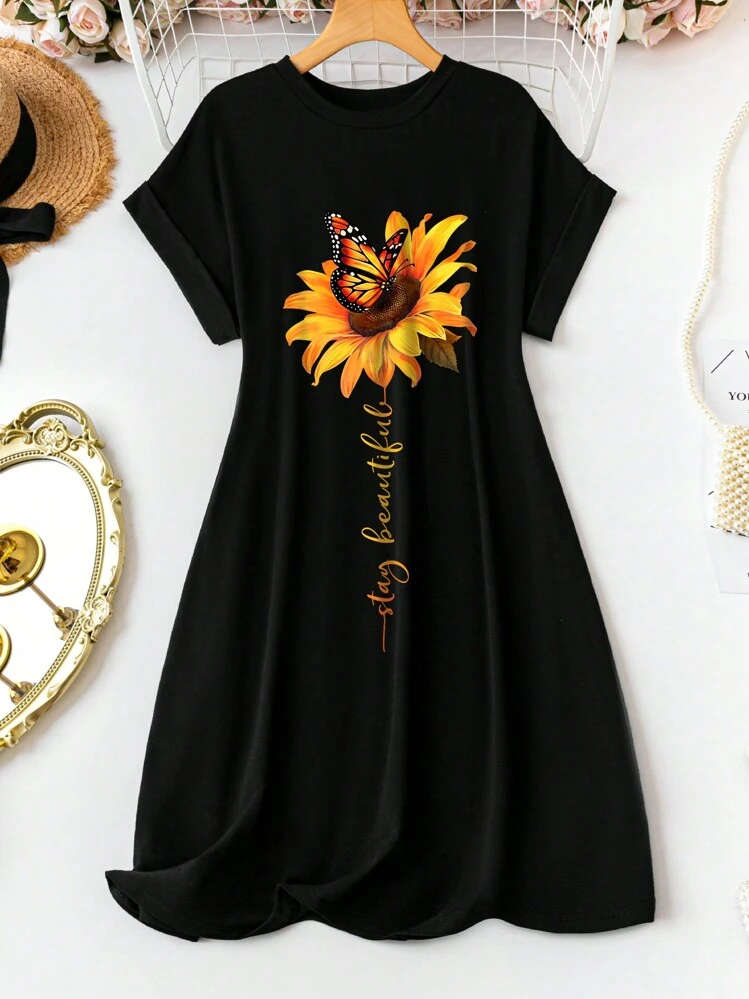 Casual Sunflower Pattern Loose Fit Women Short Sleeve Round Neck Dress,  Suitable For Summer Stay Beautiful Chic Dress