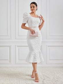 Modelyn Women's Solid Color Jacquard Square Neckline Puff Sleeve Ruffle Hem Bubble Dress - White - View 5