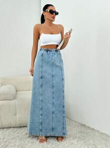 RueChic Women's Drawstring Waist, Back Slit, Straight Denim Skirt - Medium Wash - View 5