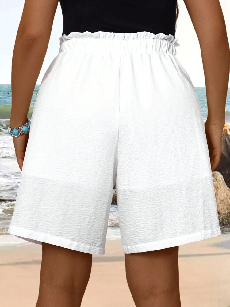Plus Size Women's Summer White Doubledeck  Paper Bag Waist Double Pocket Bandage Comfy Shorts,Spring/Vacation