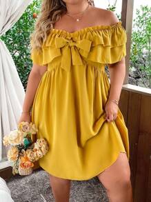 Flirla Plus Size Solid Color Off Shoulder Ruffle Hem Tie Dress - Yellow - View 5