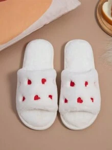 Damen Hausschuhe mit Herz-Stickerei für Herbst/Winter, süße flauschige offene Zehenschuhe zum Hineinschlüpfen, warm für Innen- und Außenbereich, weiß - Weiss - Übersicht 3