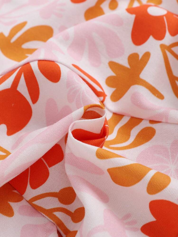 Casual And Cute Baby Girl's Solid Color Wrap Top And Floral Suspender Shorts Romper Set, Perfect For Summer Vacation