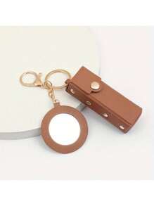 别致的守护者钥匙扣 - 时尚小镜子，优质 PU 皮革袋，保护和整理，完美的便携式化妆配件。多色钥匙扣，带镜袋、钱包、钱包配件钥匙扣吊坠。1 件独特设计钥匙扣包吊坠、实用钥匙扣、时尚包吊坠、精致花朵图案、小镜子吊坠 - 棕色 - 查看 3