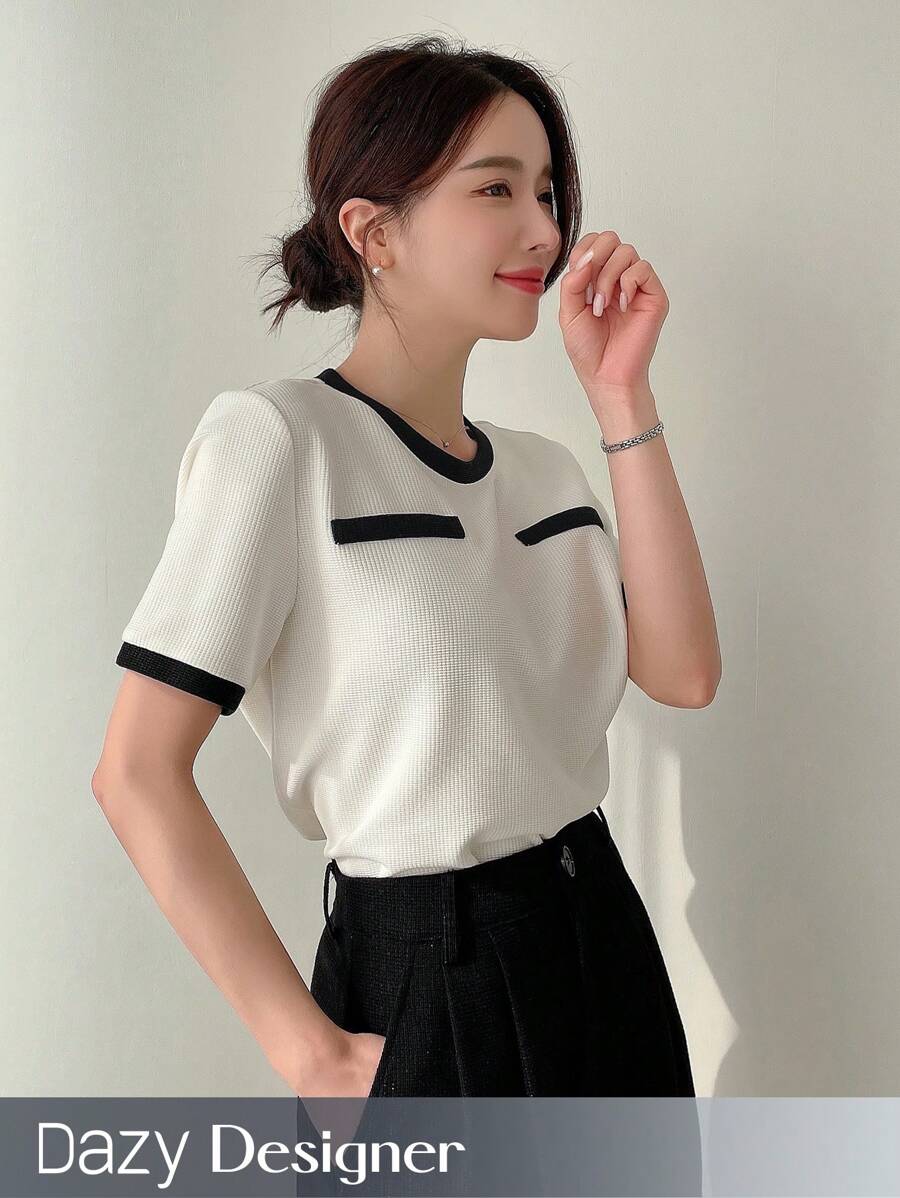 Dazy Designer 圆领拼色T恤，设计感十足，夏季 - 白色 - 查看 1