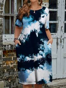 EMERY ROSE 大尺碼女士Tie-Dye膝長假日休閒連體裙，附帶口袋 - 彩色 - 查看 3