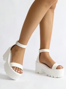 Fashion White Solid Wedge Slide Sandals, Zip Back Ankle Strap Platform Sandals - White - View 2