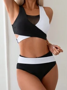 SHEIN Swim Conjunto de bikini con bloques de color y empalme de malla para dama, conjunto de bikini, traje de baño, atuendo de playa, traje de baño para festival de música de verano, verano playa