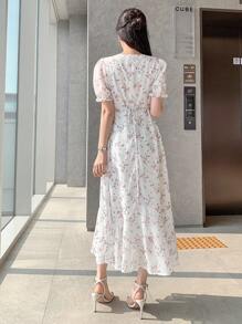 DAZY 女士V领荷叶边短袖碎花连衣裙 吊带裙 度假装 女式连衣裙 波西米亚风 - 白色 - 查看 5