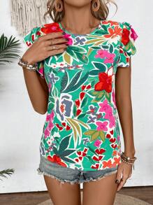 SHEIN LUNE 女士圓領短袖衣,波浪飄袖設計 - 綠色 - 查看 4