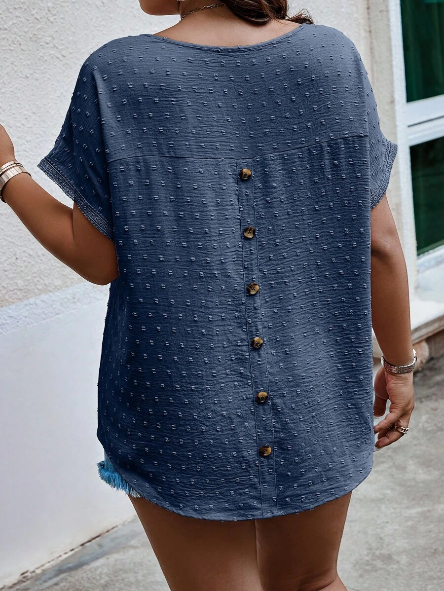 SHEIN LUNE 大碼圓點後紐扣蝙蝠袖襯衫 - 藏蓝色 - 查看 1