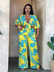 Slaydiva 2 件/套大码女式套装，带系带前上衣和短裤，热带印花，适合夏季度假 - 黃色 - 查看 2