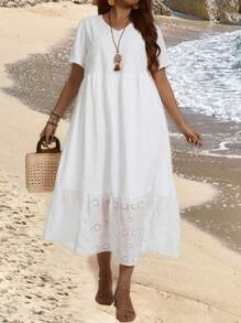 EMERY ROSE Kích thước lớn Của phụ nữ Cổ chữ V Ngắn tay Thêu Đầm - trắng - Xem 4