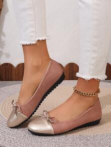 女士時尚圓頭大尺碼易穿脫舒適彩色蝴蝶結可調節芭蕾平底鞋(粉色) - 粉色 - 查看 2