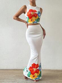 Chiquease Ensemble deux pièces slim fit avec imprimé de fleurs pour femmes - Blanc - Voir 3