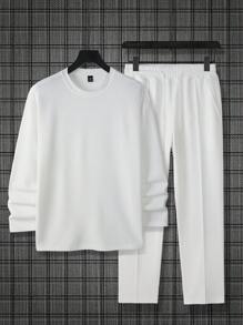 Manfinity Homme Men's Solid Color T-Shirt And Drawstring Waist Long Pants Set, Going Out