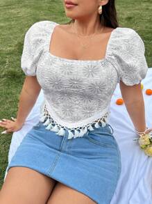 SHEIN SunnyBelle Kích thước lớn Của phụ nữ Mô hình hoa Textured Fringe Hem Áo sơ mi - Xám - Xem 3